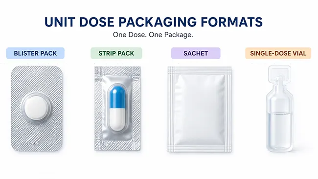 unit dose packaging formats blister strip sachet vial