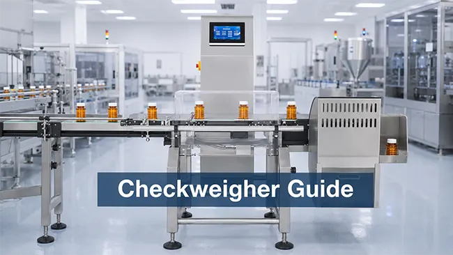 Checkweigher inspecting tablet bottles on a pharmaceutical packaging line
