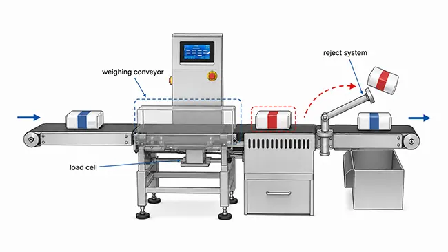 Technical diagram of a checkweigher showing weighing conveyor, load cell, and reject system