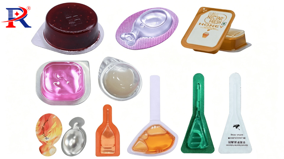 Exemples intersectoriels de liquides pharmaceutiques, sirops nutraceutiques, sérums cosmétiques, et condiments alimentaires scellés à partir d'une machine d'emballage sous blister à plaques plates