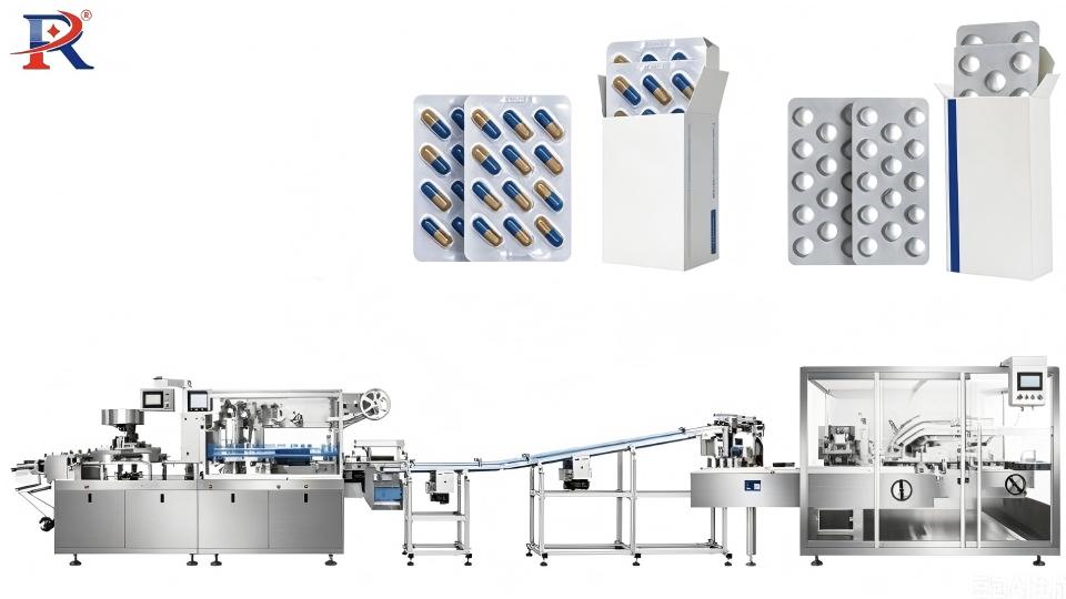 Connexion en ligne de la machine d'emballage sous blister à plaque plate à la machine d'encartonnage pour produits solides (comprimés et gélules). Montré ici sous blister fini et pharmacie en carton