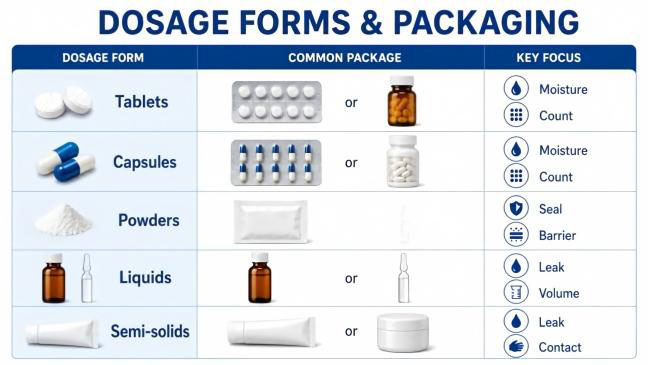 Comparison of dosage forms with blister, bottle, sachet, tube, and vial packaging