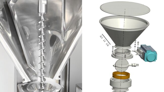 Kapsül dolum makineleri vidalı besleyici için besleme sistemlerinin karşılaştırılması (sol) akışkanlığı zayıf malzemeler ve pnömatik titreşim besleyici için (Sağ) için