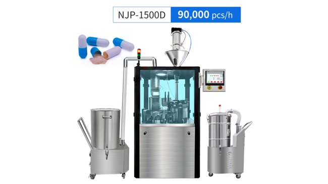 Verimli sürekli üretim için vakumlu kapsül yükleyici ve toz toplama sistemi ile entegre edilmiş NJP-1500D tam otomatik kapsül dolum makinesi.