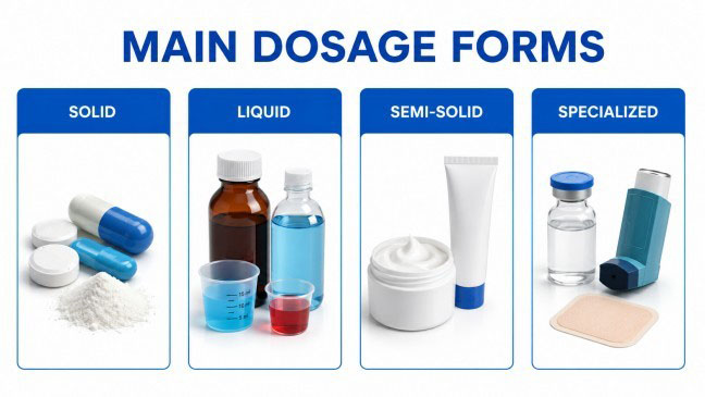 Main types of pharmaceutical dosage forms classified as solid, liquid, semi-solid, and specialized forms