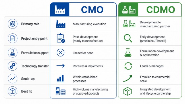 CMO vs CDMO comparison of development and manufacturing responsibilities