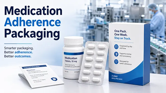 Medication adherence packaging concept with medicine carton, blister pack, bottle, and leaflet in a pharmaceutical production setting Medication adherence packaging concept with medicine carton, blister pack, bottle, and leaflet in a pharmaceutical production setting
