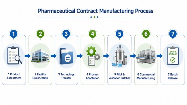 Pharmaceutical contract manufacturing process from product assessment to batch release