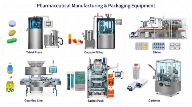 Pharmaceutical manufacturing and packaging equipment for tablets capsules blisters bottles sachets and cartons