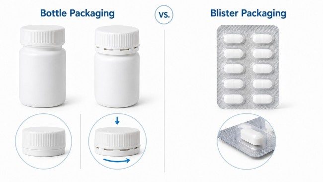 Bottle closures and blister packaging for product protection