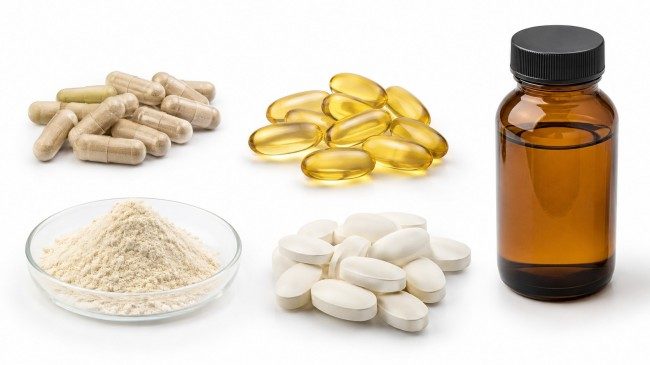 Common dietary supplement forms including capsules, softgels, powders, tablets and liquids