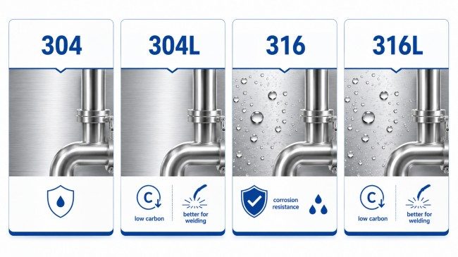 Comparação de 304, 304eu, 316, e classes de aço inoxidável 316L