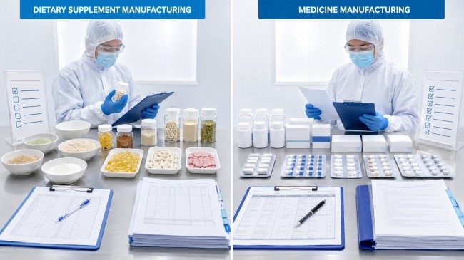 Dietary supplement and medicine manufacturing with different product controls and documentation