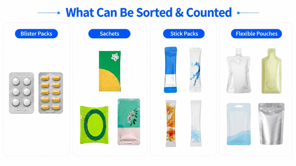 Examples of blister packs, bustine, pacchetti di bastoncini, and flexible pouches for sorting and counting