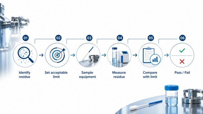Pharmaceutical cleaning validation decision flow from residue identification to pass or fail