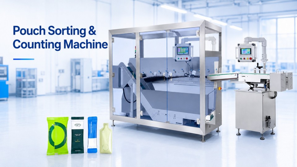 Pouch sorting and counting machine in a clean industrial environment with sample packs
