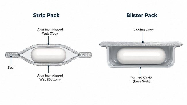 Structural comparison between a strip pack and a blister pack in pharmaceutical packaging
