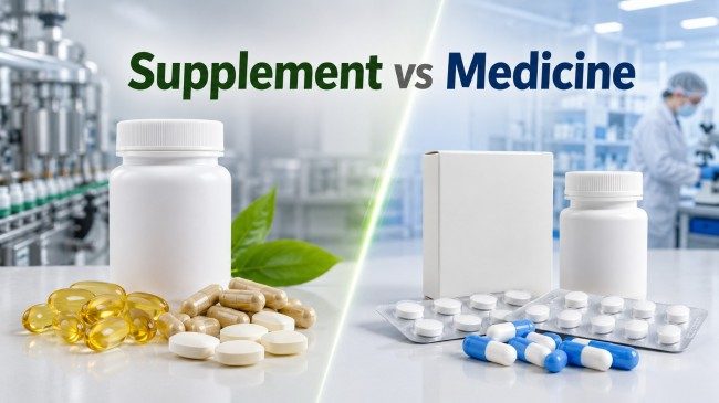 Supplement vs medicine comparison in tablets, capsules and packaging Supplement vs medicine comparison in tablets, capsules and packaging