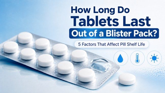 Tablets inside and outside a blister pack with moisture, heat, and light factors Tablets inside and outside a blister pack with moisture, heat, and light factors