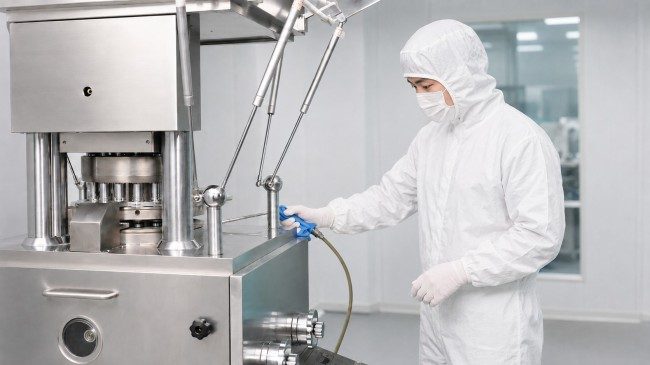 Technician cleaning product-contact areas of a rotary tablet press machine