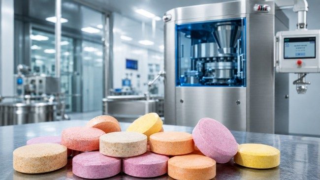 Chewable tablets with pharmaceutical manufacturing equipment background