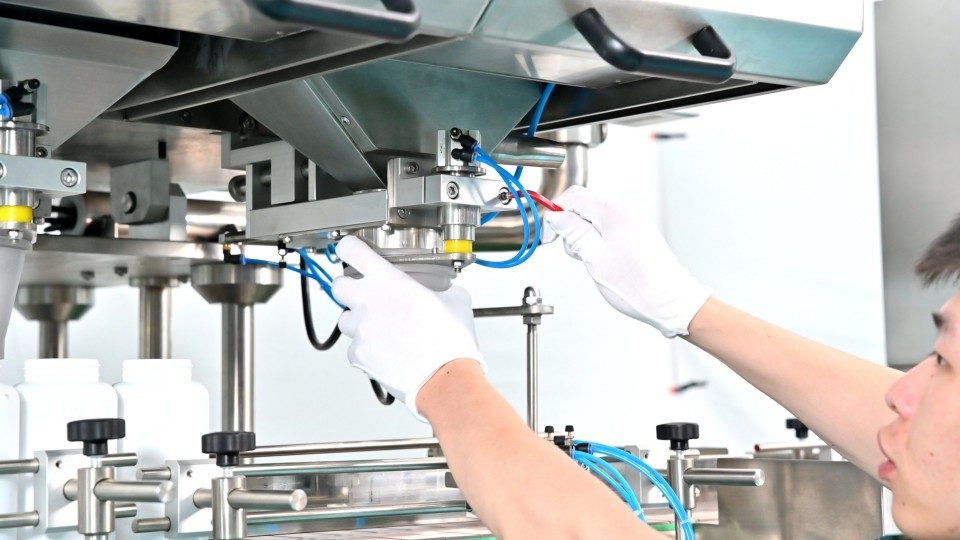 Electronic counting machine discharge nozzle adjustment during changeover