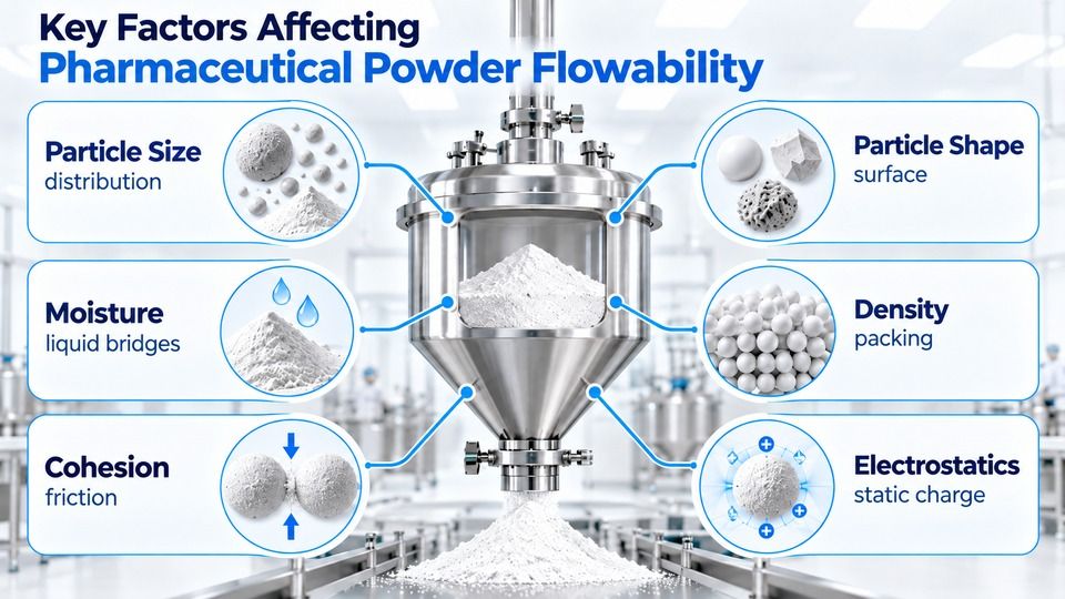 Factors affecting pharmaceutical powder flowability including particle size moisture density cohesion and electrostatics