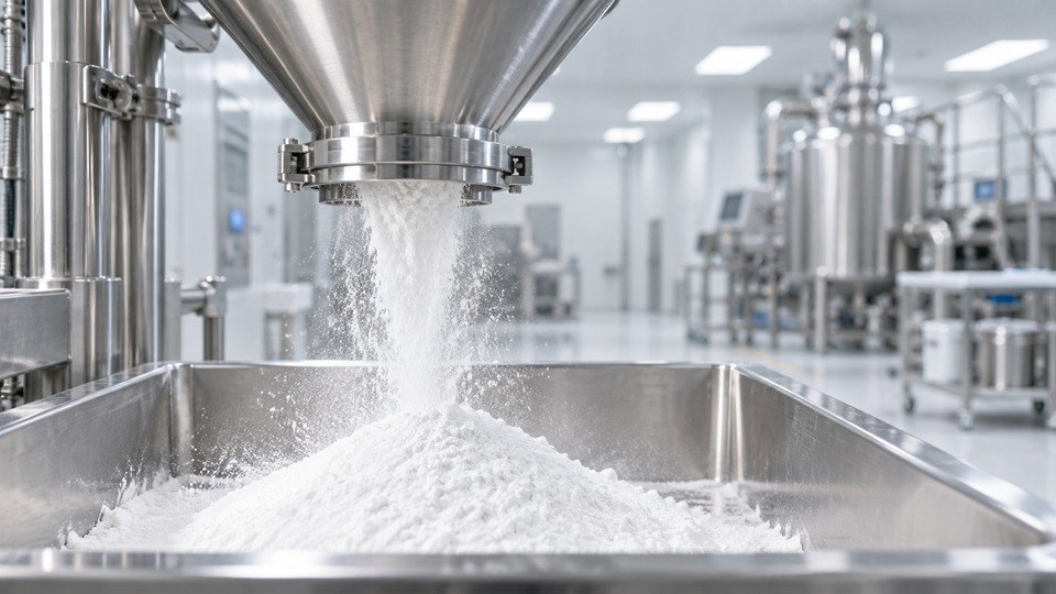 Pharmaceutical powder flowing from a stainless steel hopper into a collection tray