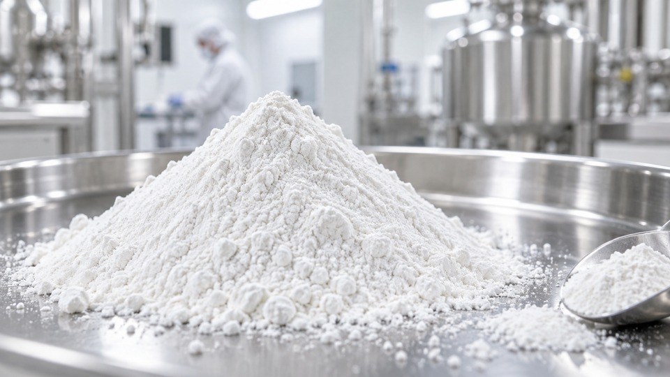 Pharmaceutical powder sample in a stainless steel tray with scoop
