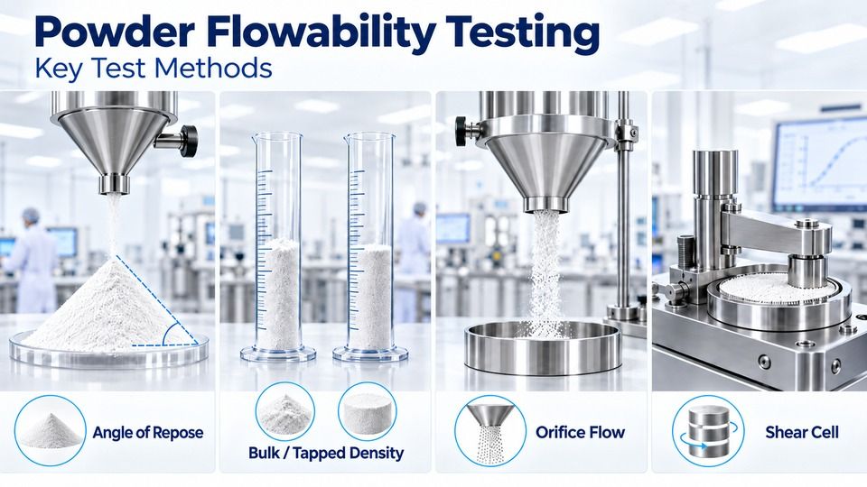 Powder flowability testing methods including angle of repose bulk tapped density orifice flow and shear cell