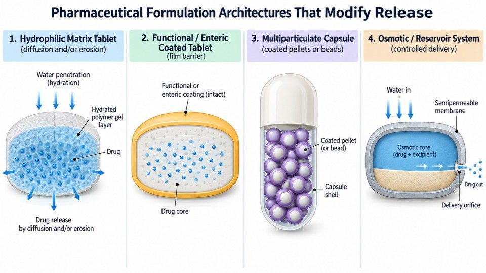 matrix coating multiparticulate and osmotic pharmaceutical release mechanisms