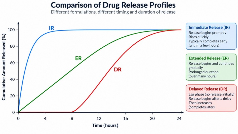 release profile comparison of immediate extended and delayed release dosage forms