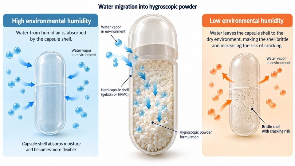 Capsule shell moisture migration and brittleness under different humidity conditions