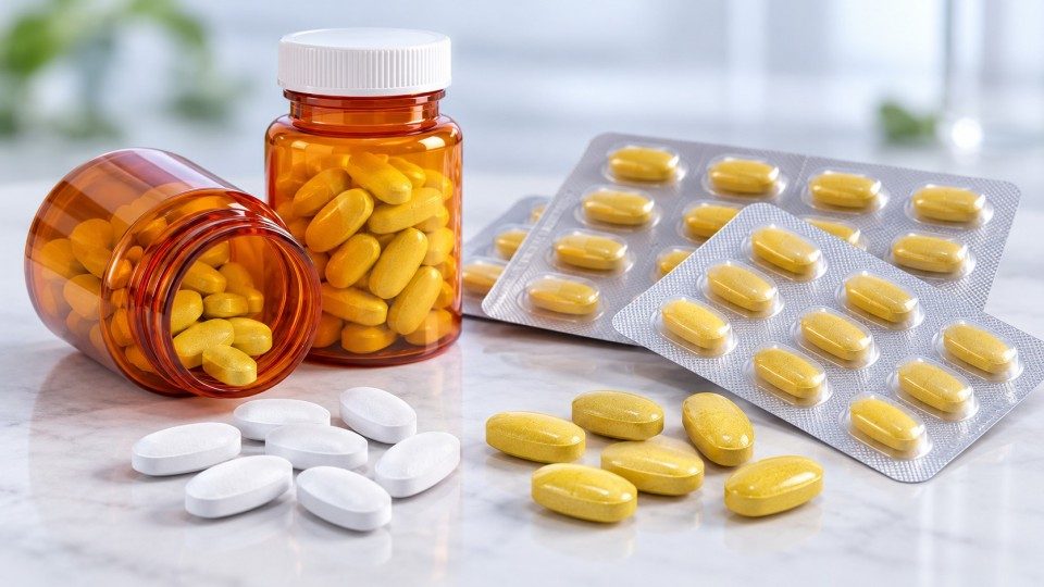Coated tablets in bottles and blister packs shown with uncoated tablets for pharmaceutical packaging comparison