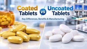 Coated tablets vs uncoated tablets comparison cover image with coated yellow tablets and uncoated white tablets