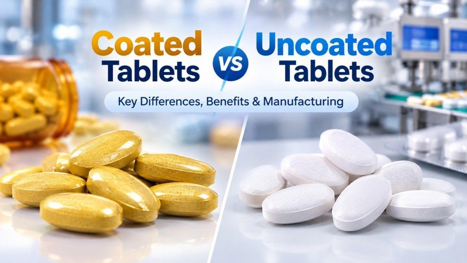 Coated tablets vs uncoated tablets comparison cover image with coated yellow tablets and uncoated white tablets