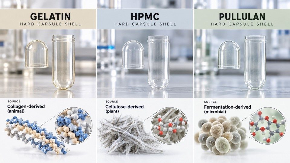 Gelatin HPMC and pullulan empty hard capsule shells and material origins