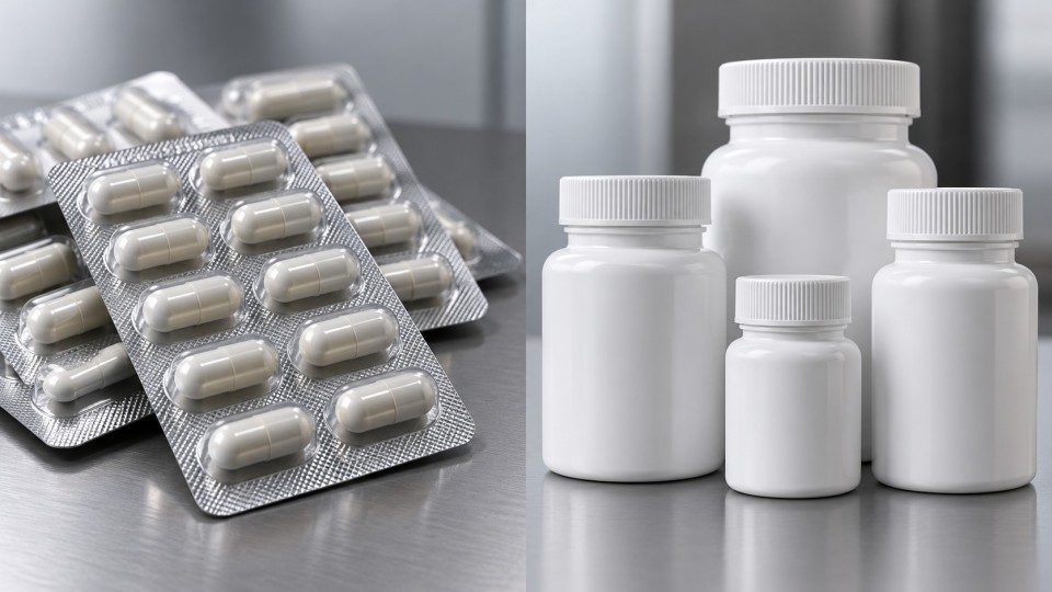 Hard capsules in blister packs and bottles for moisture and oxygen protection