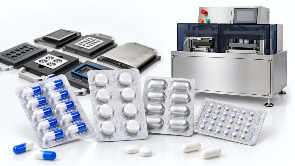 Laboratory blister packing machine with different tablet and capsule blister packaging formats