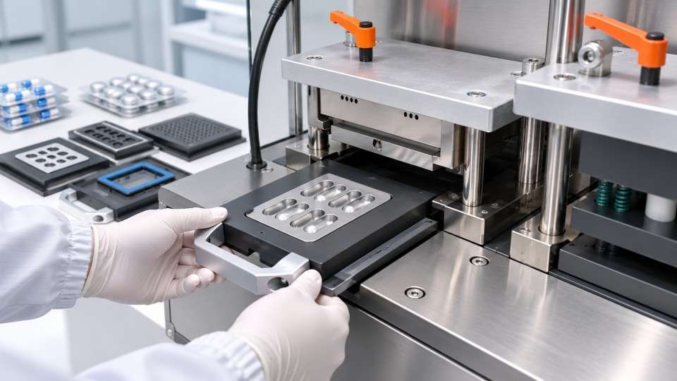 Operator handling a blister tooling tray on a laboratory blister packaging machine