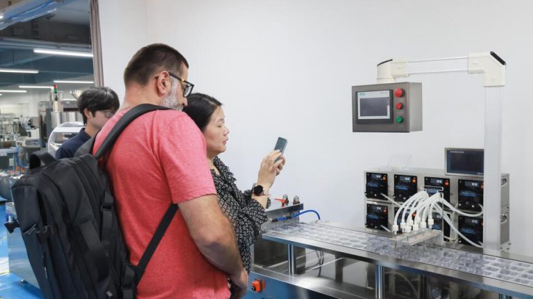 Sales Manager Mary introduces the DPP-270L ketchup blister packaging machine to a Czech pharmaceutical client