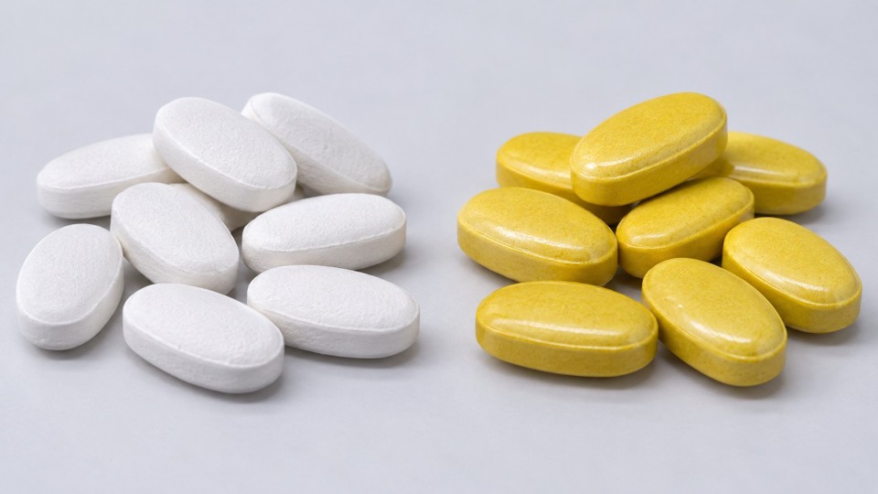 Side-by-side comparison of uncoated white tablets and coated yellow tablets with different surface finishes