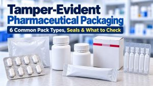 Tamper-evident pharmaceutical packaging examples including blister, bouteille, carton and stick pack
