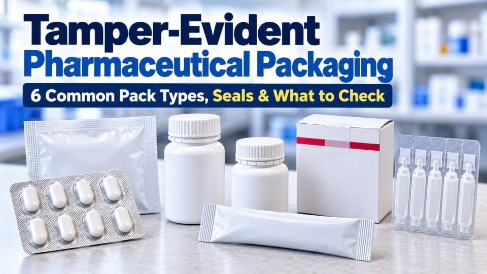 Tamper-evident pharmaceutical packaging examples including blister, bouteille, carton and stick pack