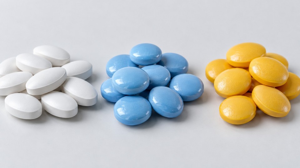 Uncoated tablets and different coated tablets shown side by side to illustrate coating type differences
